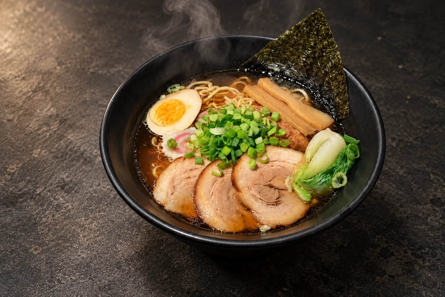 Bol noir de ramen : tranches de porc chashu, demi-œuf mollet, ciboulette, bambou, pak-choi et algue nori.