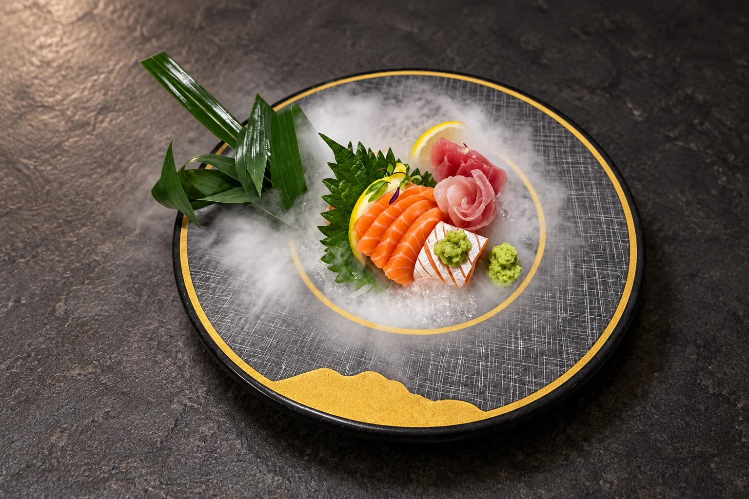Assiette ronde noire et or : sashimis de saumon, thon et daurade, feuille de shiso, wasabi et glace fumante.