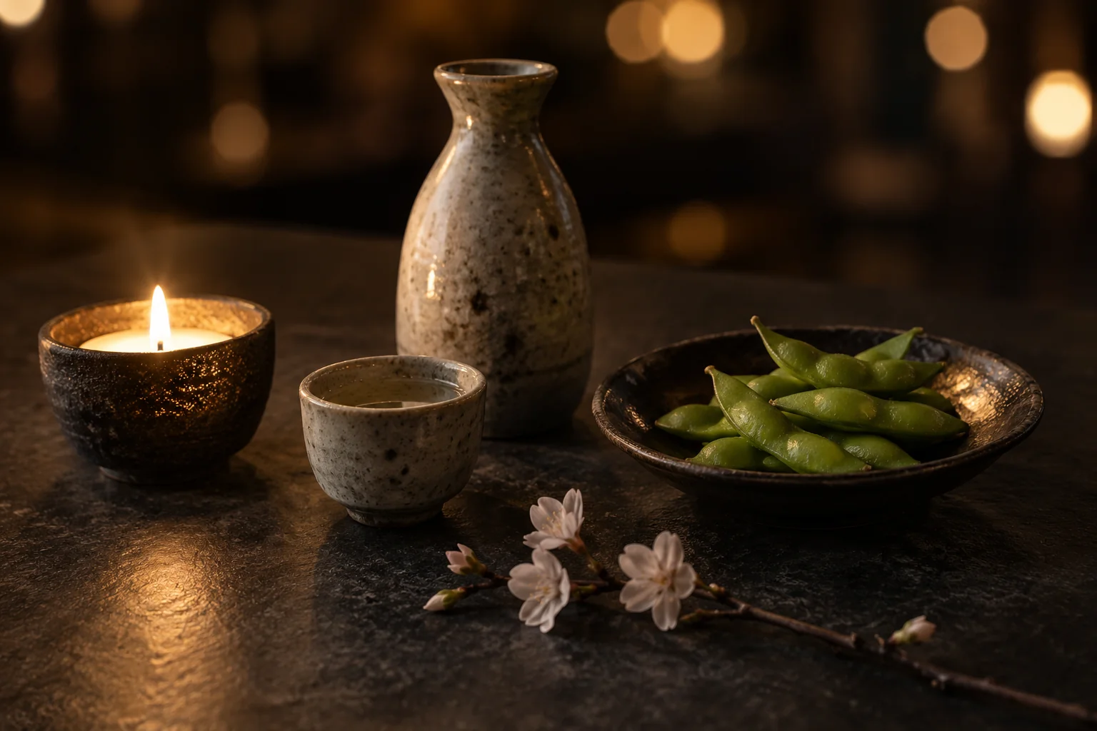 Bougie, cruche à saké et edamame sur une table sombre, éclairage chaud.