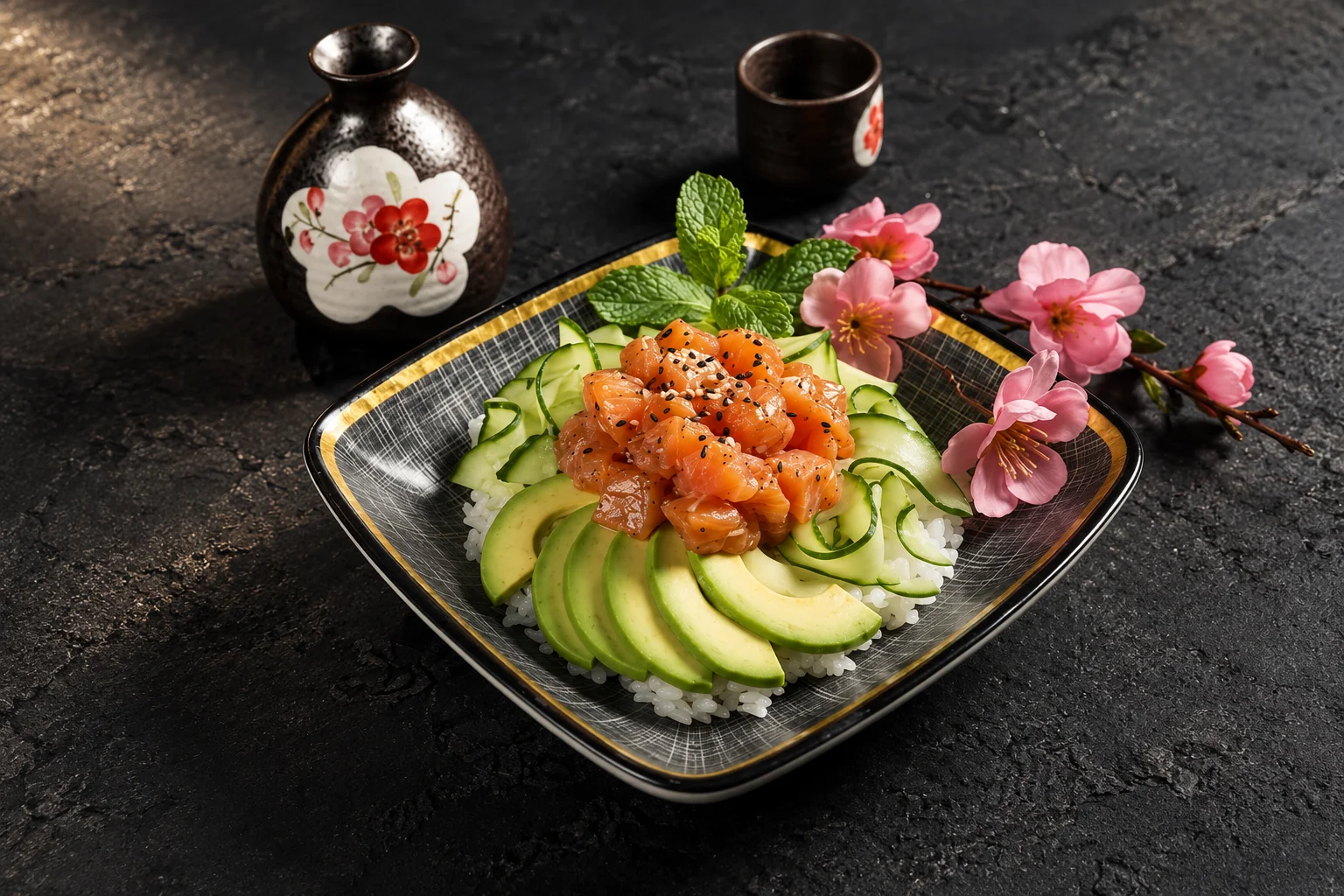 Poké bowl de saumon et d'avocat dans une assiette carrée, avec une carafe de saké et des fleurs de cerisier.