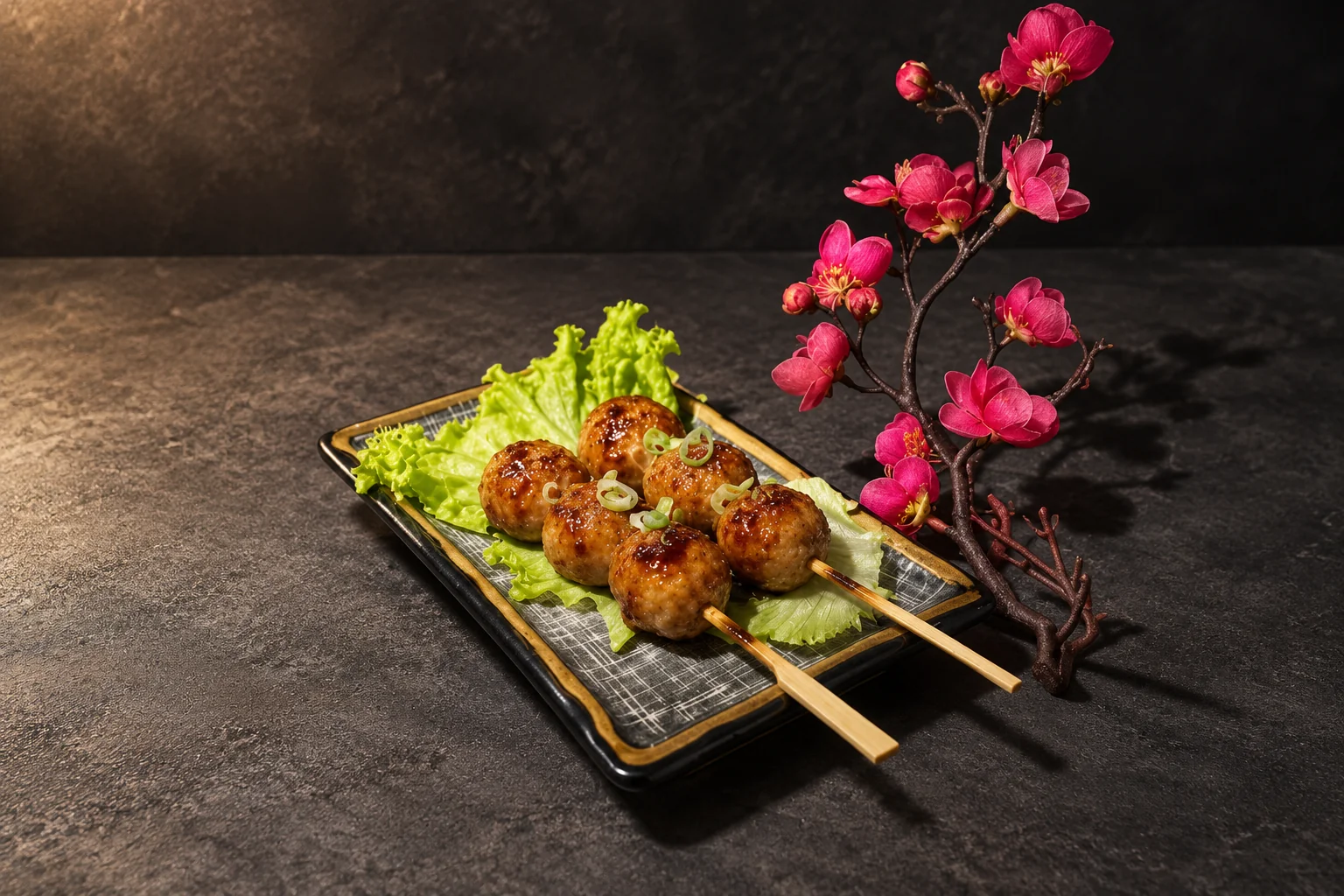 Brochettes de boulettes de poulet laquées sur une feuille de salade, branche de cerisier à droite.