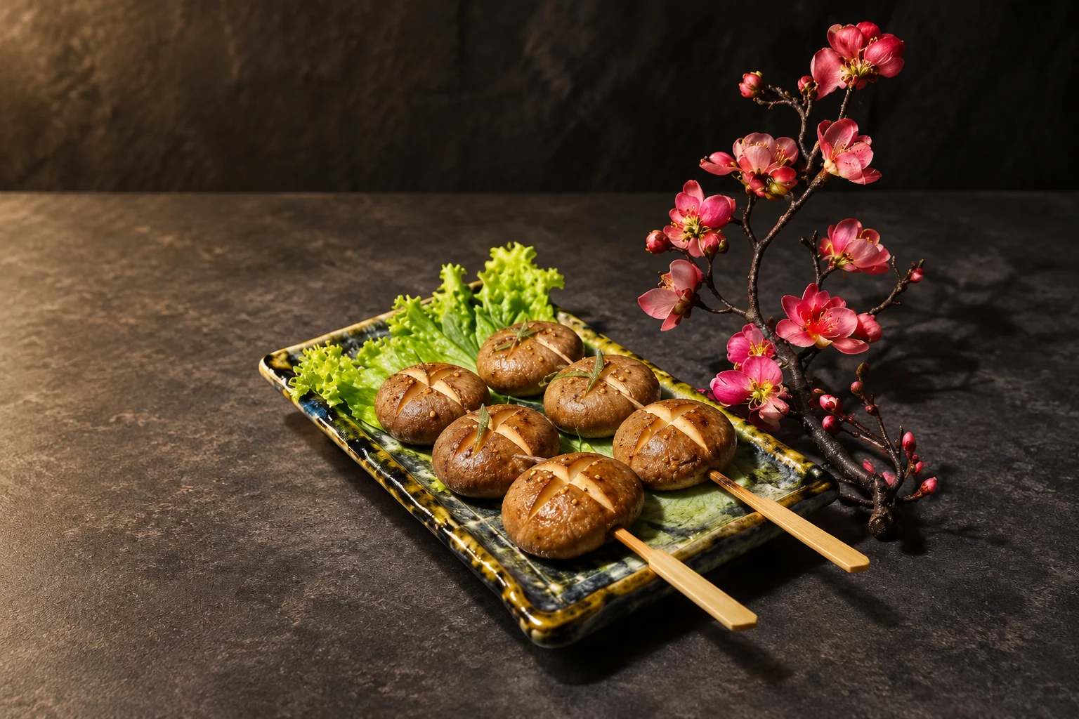 Brochettes de champignons grillés sur une assiette, avec une branche fleurie.