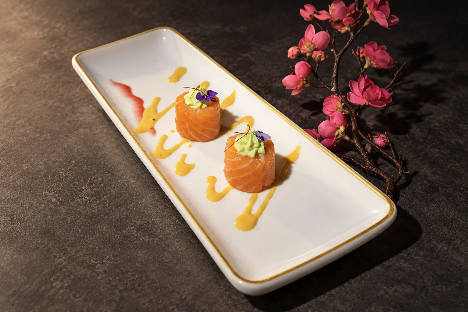 Deux rouleaux de saumon sur un plat blanc rectangulaire, filets de sauce jaune.
