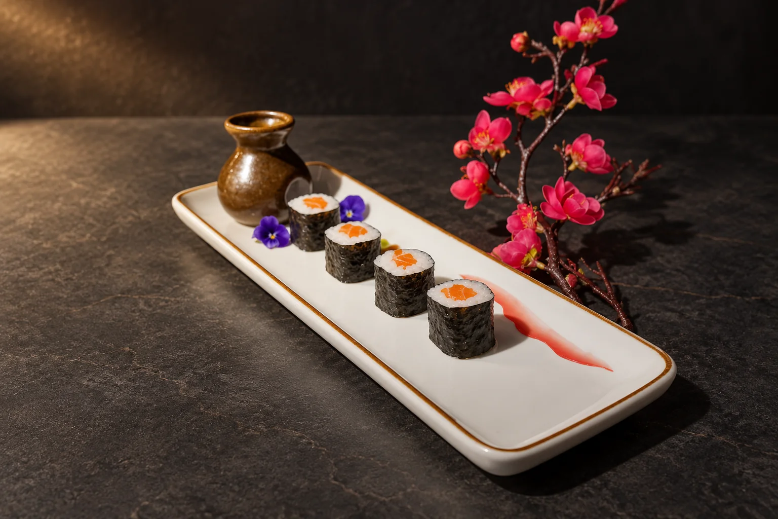 Quatre makis au saumon sur un plat blanc, avec une carafe de saké et une branche de cerisier.