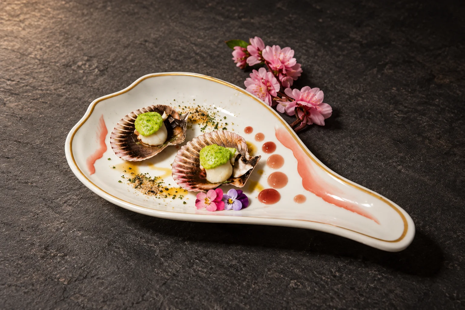Deux coquilles Saint-Jacques dans leur coquille sur une assiette blanche en forme de cuillère.