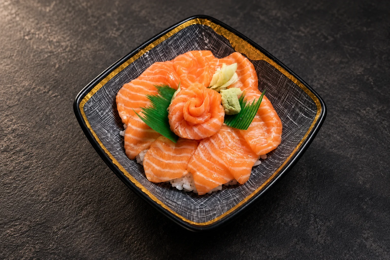 Bol carré de chirashi : tranches de saumon cru formant une rose, sur riz vinaigré.